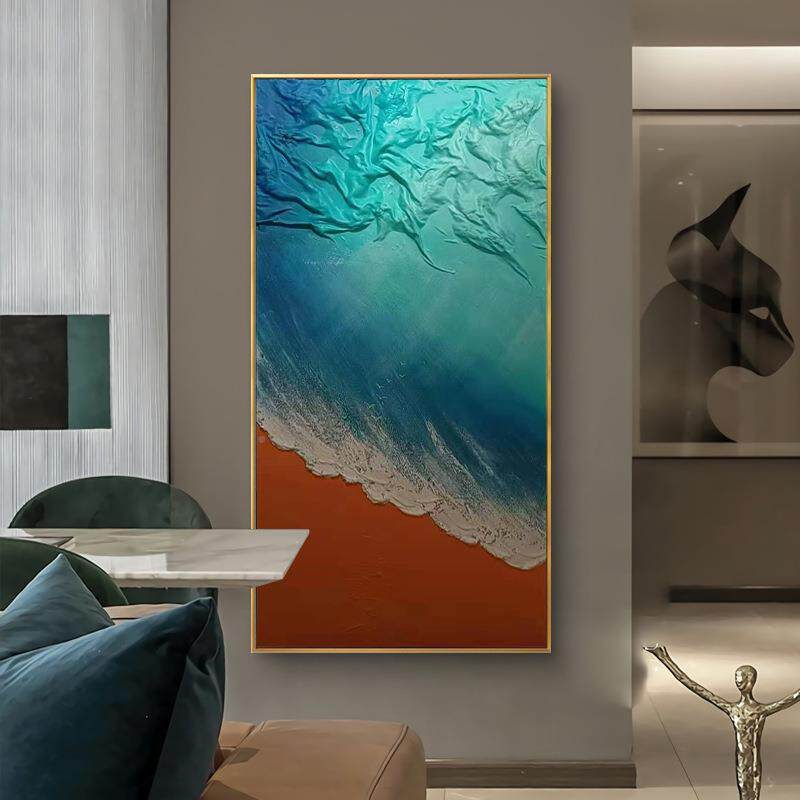 简约纯手绘轻奢挂厅画23.06.7入户玄竖版海景过道油画关客走尽廊