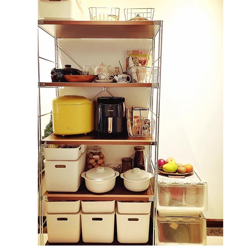 日式不锈钢实木置物架落地阳台多层书架厨房微波炉收纳储物架