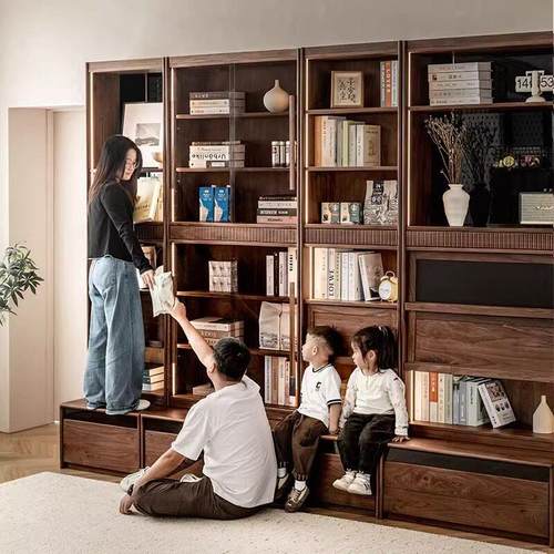 半茶伴木“星光组合书柜”北美黑胡桃组合柜满墙卡座书柜一体整墙