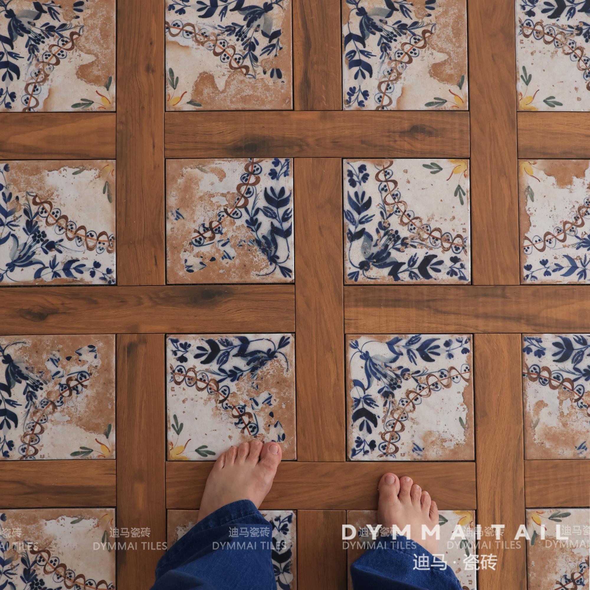 复古小花砖青花瓷花砖国风中古风阳台厨房茶室茶馆法式地砖木纹砖