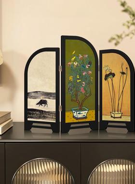 新中式中古风客厅桌面摆件屏风装饰品覆古客厅电视柜玄关置物架