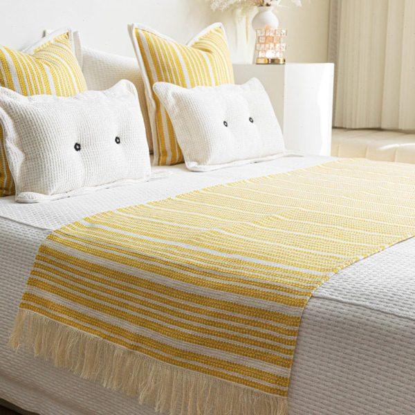 北欧风黄色棉麻条纹抱枕民宿客栈床旗床尾巾样板间床尾毯软装靠枕,床上用品,酒店床品套件,淘宝优惠券,粉丝福利购,淘宝优惠卷