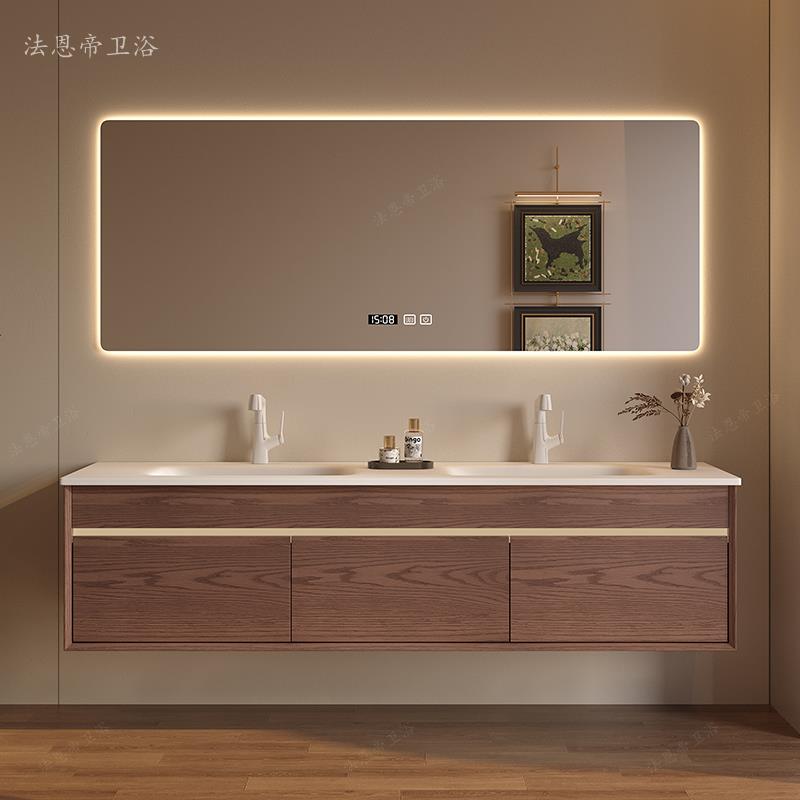 中古风双盆浴室柜洗手台实木红橡木洗漱洗手盆组合岩板热弯一体盆