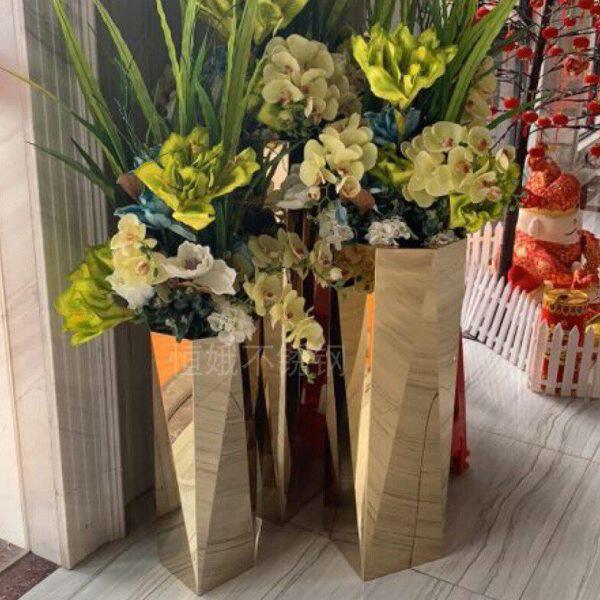 不锈钢花盆 装饰花器 真空电镀工艺金属花瓶 落地八角花瓶香槟金