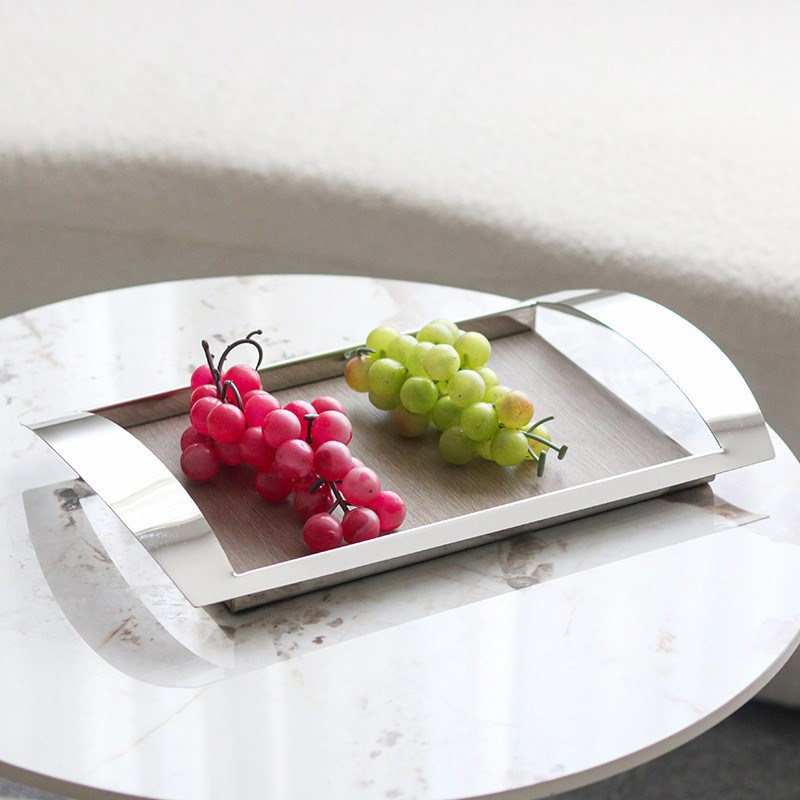 现代轻奢法式不锈k钢仿木纹托盘家用样板房售楼处软装饰品收纳摆