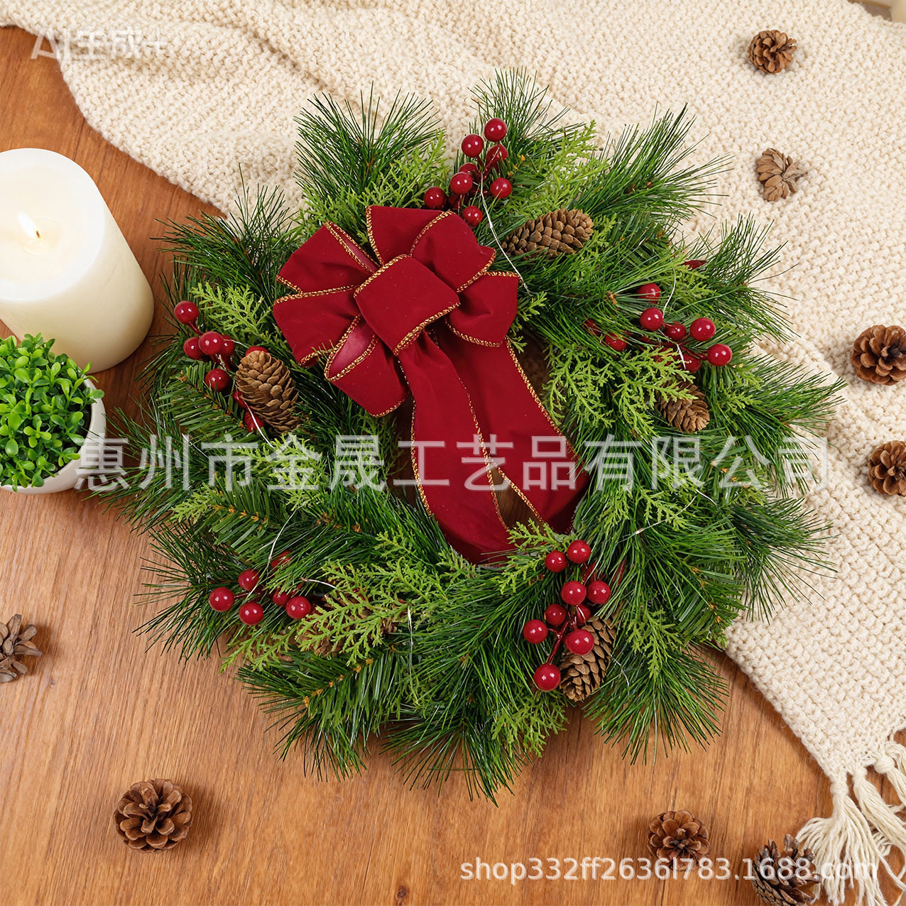 厂家直供跨境新款圣诞节装饰品 圣诞蝴蝶结加灯花环圣诞藤圈
