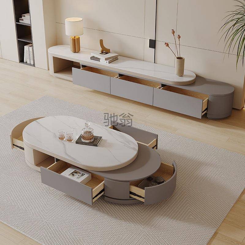 gq轻奢PZQ奶油风缩岩板一茶伸几电视柜体现代约简客厅家用大小户