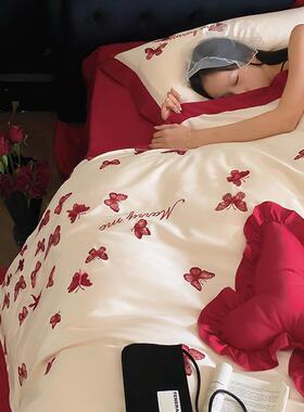 全棉件婚庆四套100S长绒棉红色刺绣床被WZL-6-M套结婚纯棉床单上