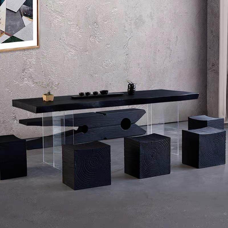 原木大BVC板餐桌子克力工师作台设计亚悬浮创意黑色实木茶宿桌民