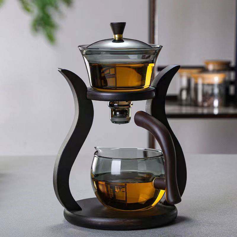灯宫黑透玻璃茶具套装中式客厅自动冲茶器铁艺竹木底座泡茶器套装