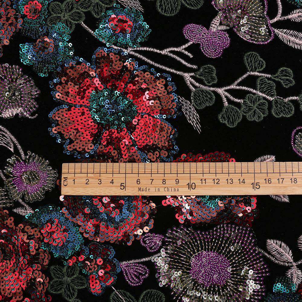 刺多色E14707珠片丝绒绣工绣面料牡丹开花重富贵刺绣布料