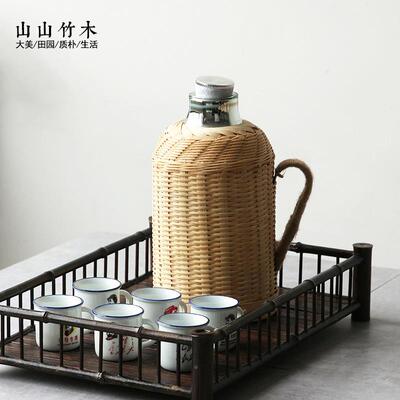 热水家手用工竹编传NCS统瓶木塞热水办壶茶室公室保温瓶玻璃内胆