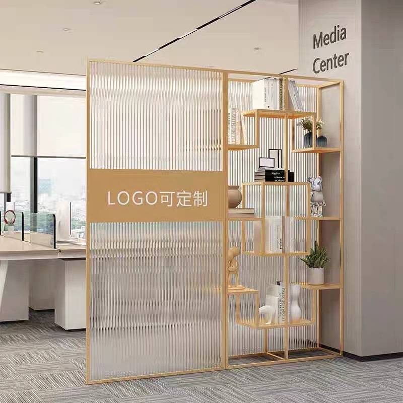 公司前台logo铁艺玻璃隔断展示架办公室隔断屏风展厅形象墙置物架
