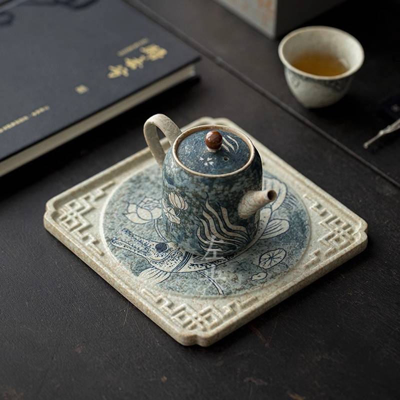 手绘壶承干泡台青花水果盘陶瓷茶壶托盘茶盘壶垫茶托禅意茶点盘