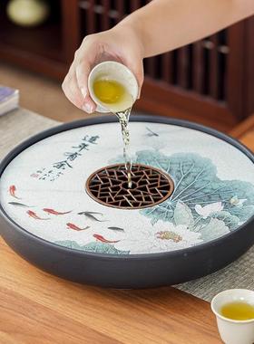 石氢化铝矿吸水陶茶盘瓷家用泡茶茶海圆mz-1586形干泡蓄水式速干