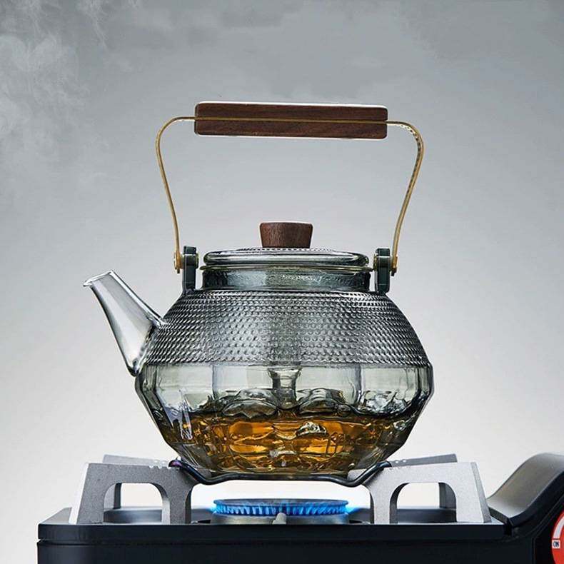 星钻壶高硼硅耐高温透明玻璃烧水壶蒸煮茶壶胡桃木把提梁壶茶具