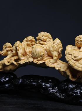 黄如杨雕事事木意五福门舞狮家居临办公木制摆件工艺品装OCH饰送