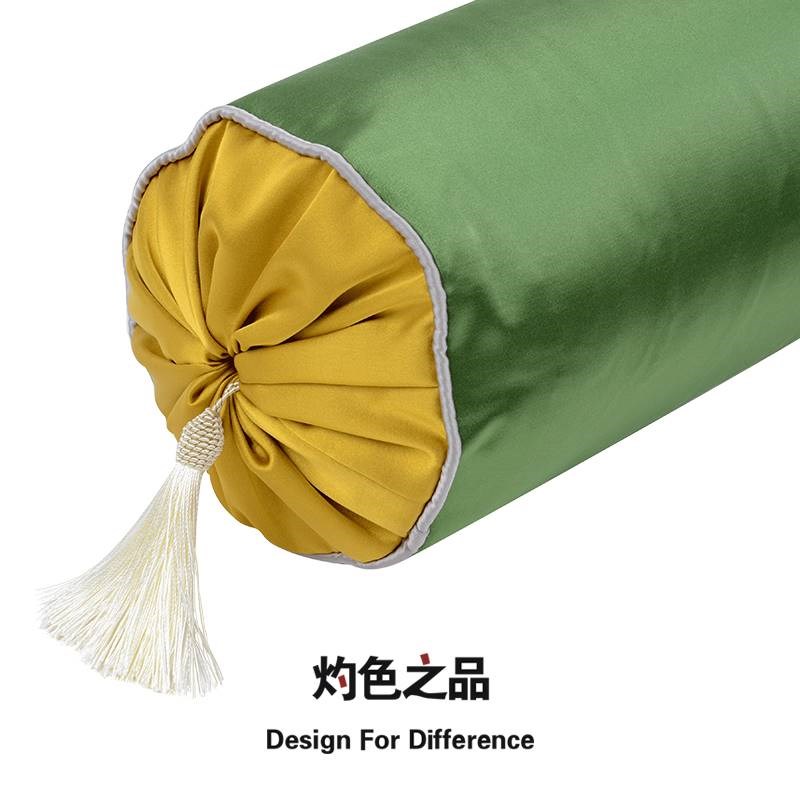 绿色绸缎绣花简约中式圆枕腰靠枕扶手枕沙发卧室床头罗汉抱枕长条