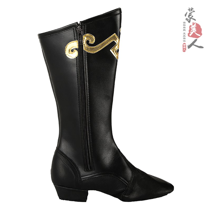 蒙古长筒女士舞蹈靴艺考练功鞋软底皮靴民族风舞靴拉链款舞台靴子
