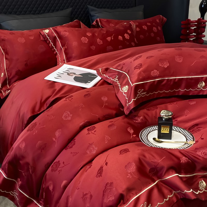 高档中式婚庆四件套大红色床单被套纯棉陪嫁结婚床上用品婚房喜欢