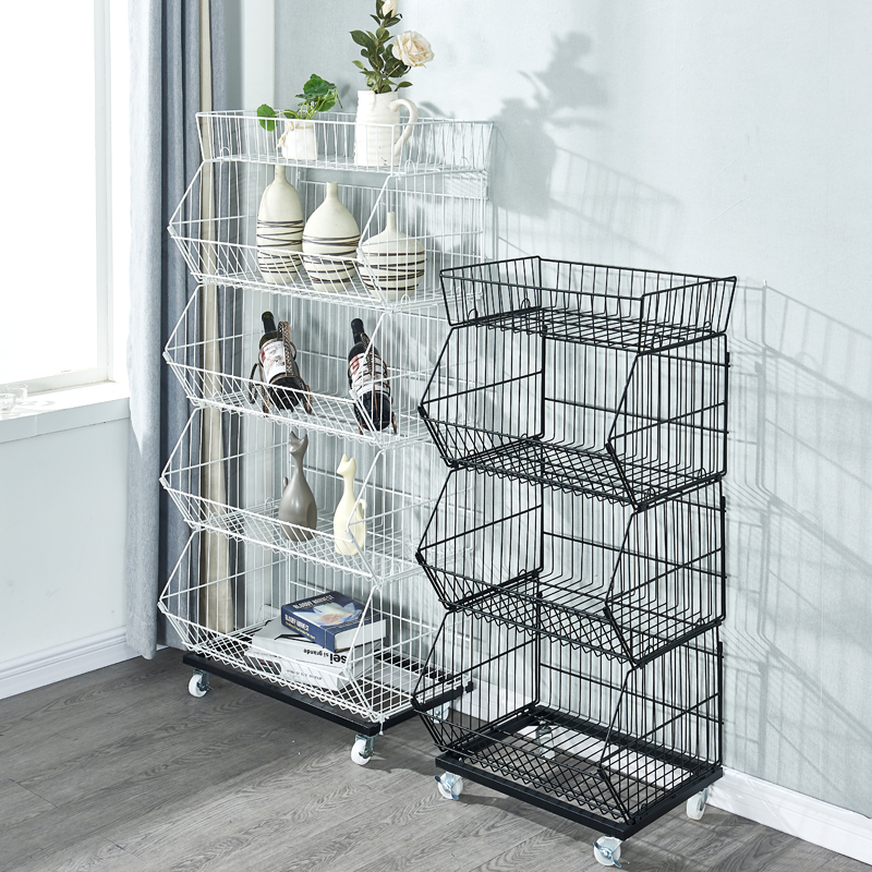 厨房置物架落地多层玩具收纳架斜口篮货架可移动带轮家用储物架子