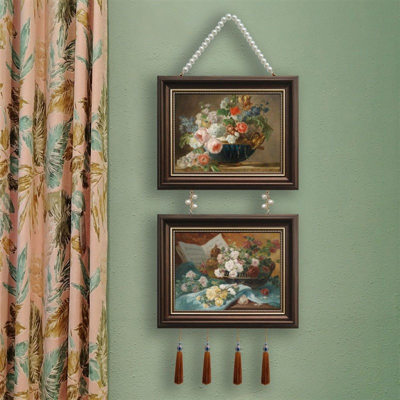 装饰画挂画两联带珠链美式法式现代欧式餐厅客厅沙发两联流苏