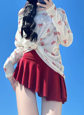 游朵甜美少女草莓分体裙式泳衣女夏纯欲红色显白长袖Y显瘦度假泳