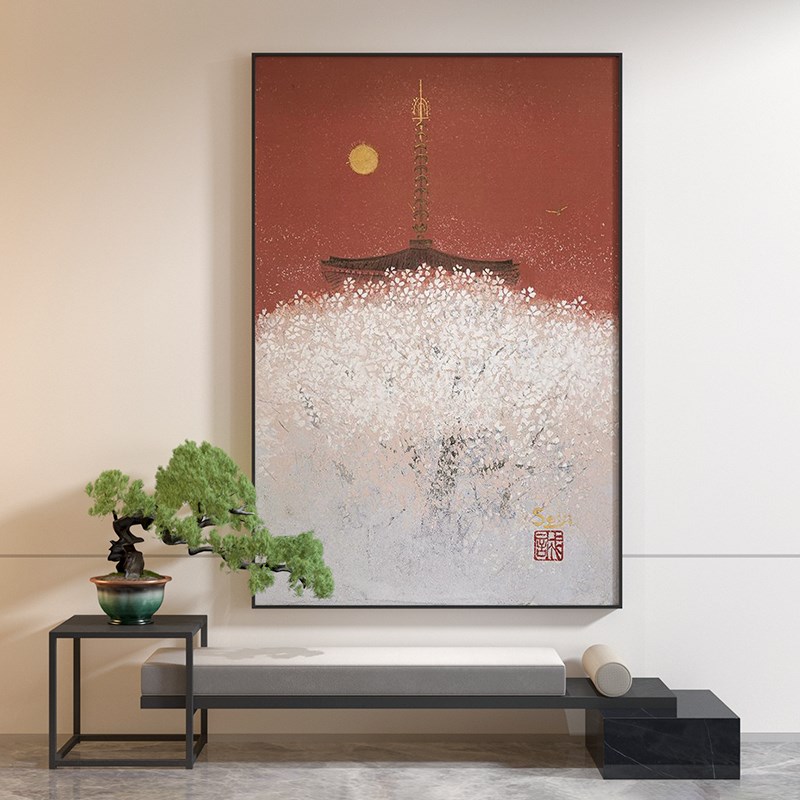 现代新中式酒店餐厅客厅入户玄关装饰画日式红色背景墙壁竖版挂画图片