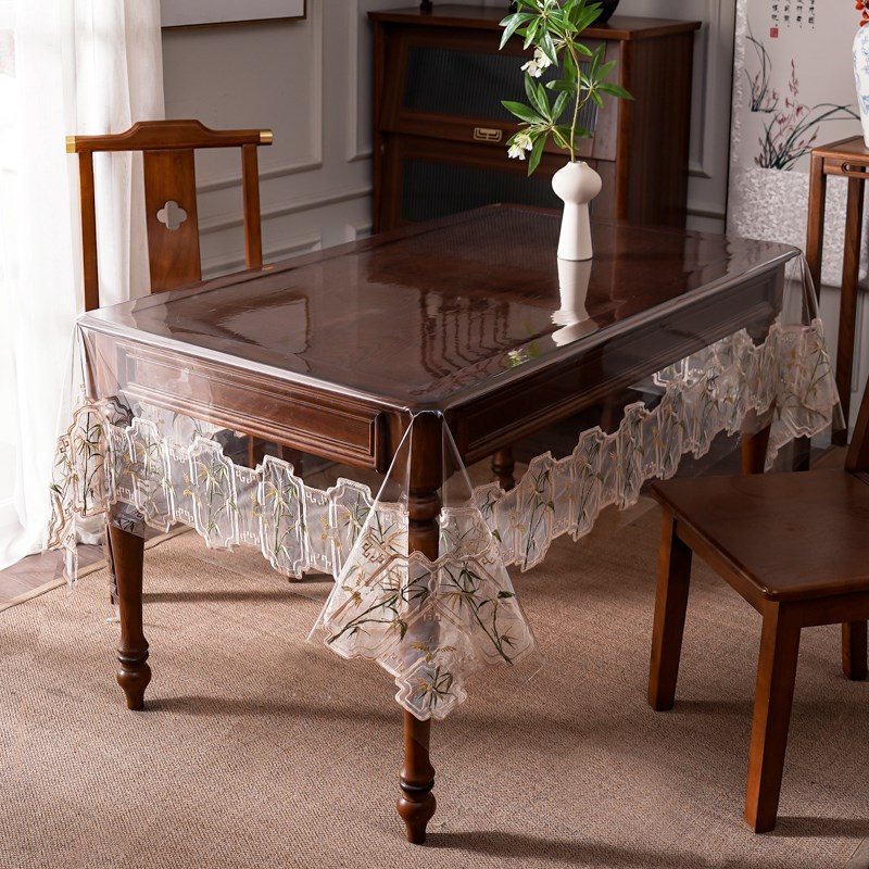 新中式pvc刺绣桌布防水防油免洗茶几台布透明水晶板软玻璃餐桌布