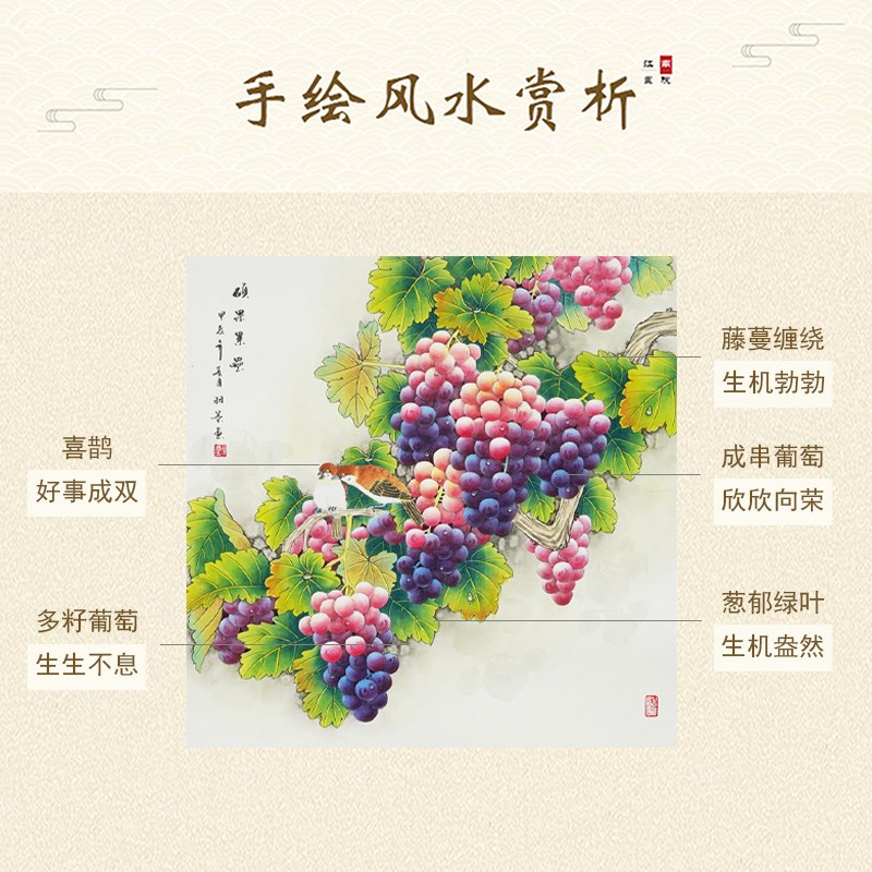 纯手绘葡萄工笔画国画新中式装饰画餐厅入户玄关挂画走廊硕果累累