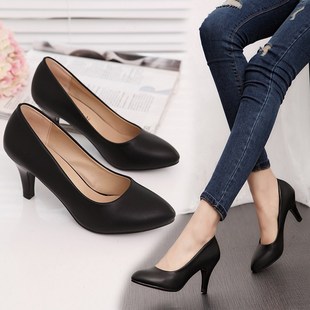 皮鞋 7cm中跟上班学生礼仪面试正装 百搭ol 女细跟5 职业黑色高跟鞋