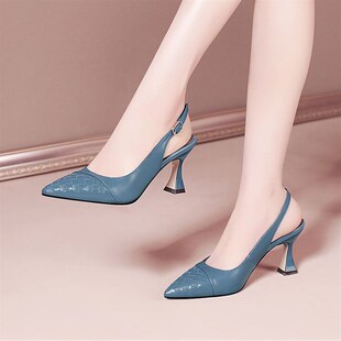 百搭粗跟一字扣高跟鞋 包头凉鞋 软皮尖头后空单鞋 新款 女 女2024夏季