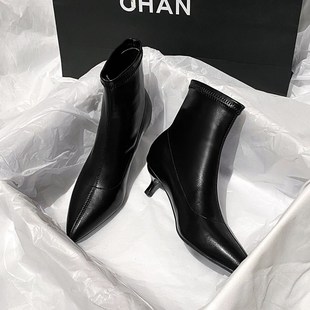 黑色尖头细跟小跟3cm工作高跟鞋 加绒单靴弹力靴 短靴女软皮秋冬款