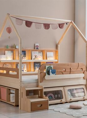 上形孩在 树屋森林木屋床 置物书架儿L童帐篷半床加护栏带屋顶