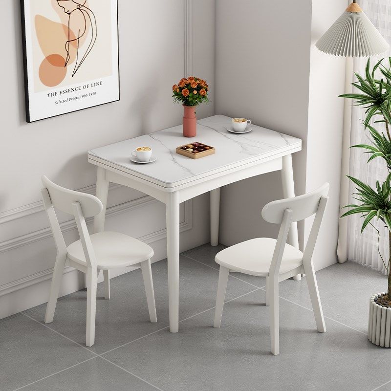 奶油风岩板折叠餐桌家用小户型现代简约长方形纯实木伸缩吃饭桌子