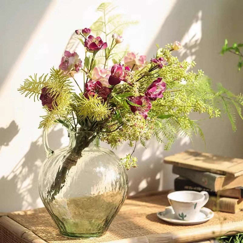 绿色单耳细口透明玻璃花瓶锤纹落地摆件吊钟马醉木客厅餐桌插花器