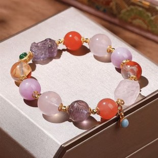 九紫离火天然多宝粉水晶手串女紫锂辉银饰貔貅高级感显白手链礼物