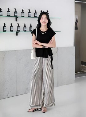 黑色T恤套装两件k套洋气时尚时髦气质条纹阔腿裤女2025新款夏薄款