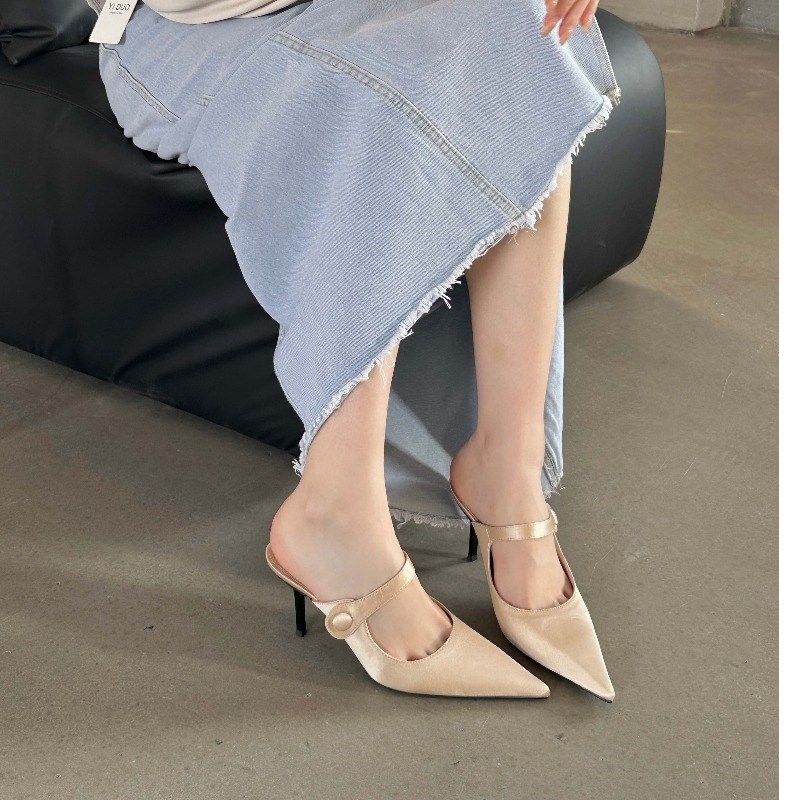 2024新款尖头一字带细跟高跟鞋女春夏季绸缎半拖鞋女凉拖包头凉鞋,女鞋,包头拖,淘宝优惠券,粉丝福利购,淘宝优惠卷