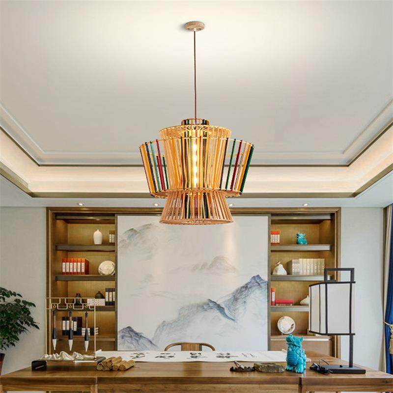 卧中室茶室灯酒店民宿餐ledA0105吊新式创意天然实木餐厅灯百褶桌