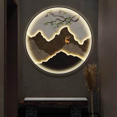新中玄关装饰画酒led式灯画包间RXV山水画正店对门过道圆形发光挂
