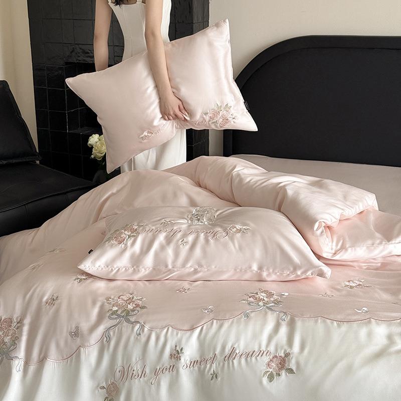 夏季0支双面天丝四件套LB2501花套卉刺绣被凉感丝滑16.8m床1.5米