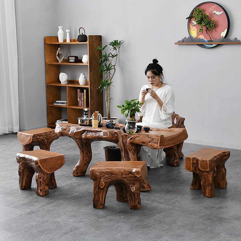 N5新中式仿根雕茶桌椅组合茶具套装一体功夫泡茶台户外阳台禅意茶图片