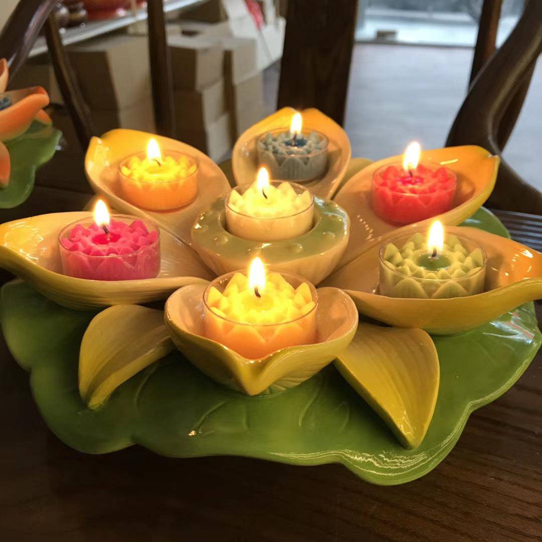 佛酥前供灯七彩陶瓷莲花台灯座七星盘供灯蜡油烛灯座烛七星盘供家
