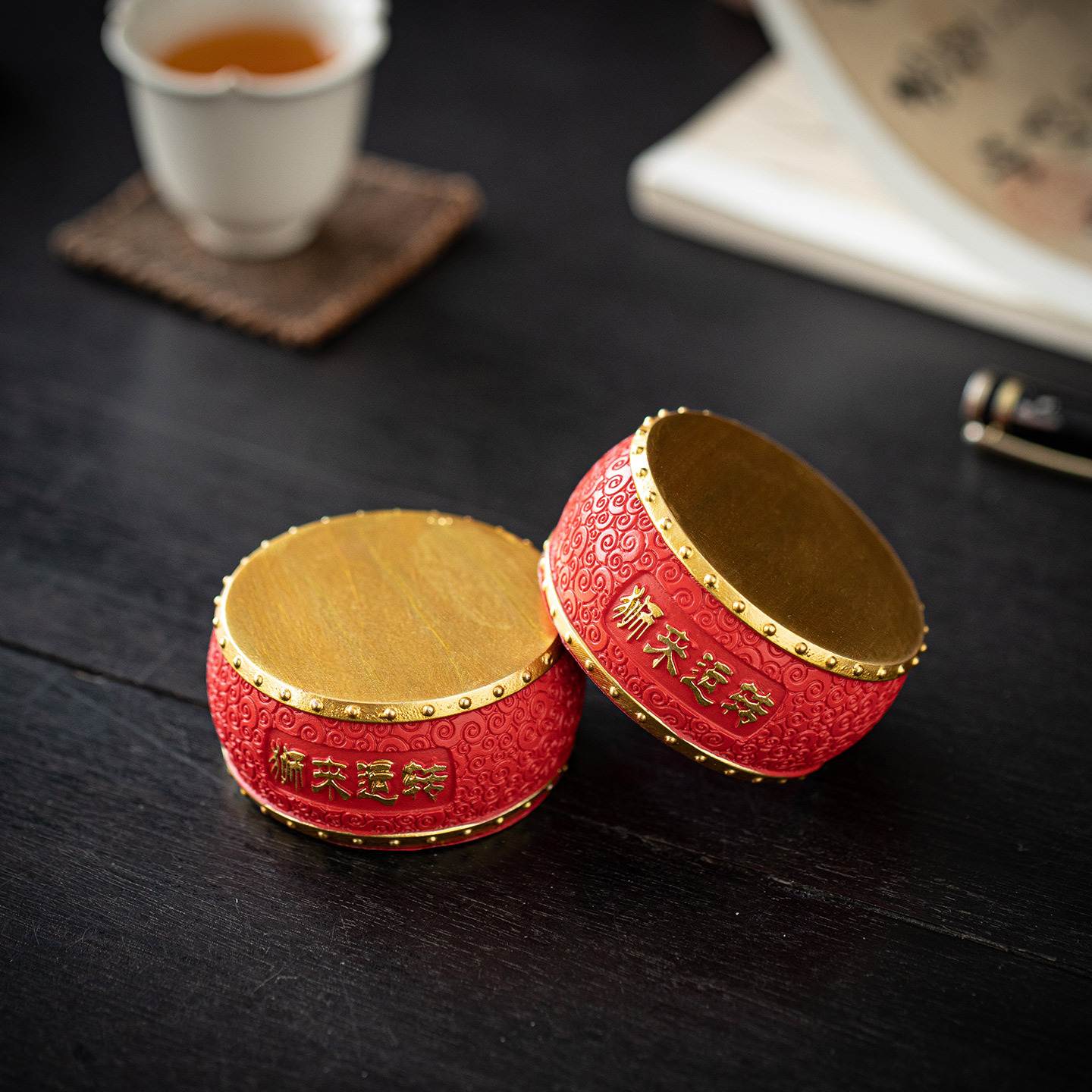 中式国潮狮来运转圆形鼓摆件茶宠茶杯底座盖置杯垫增高台桌面装饰