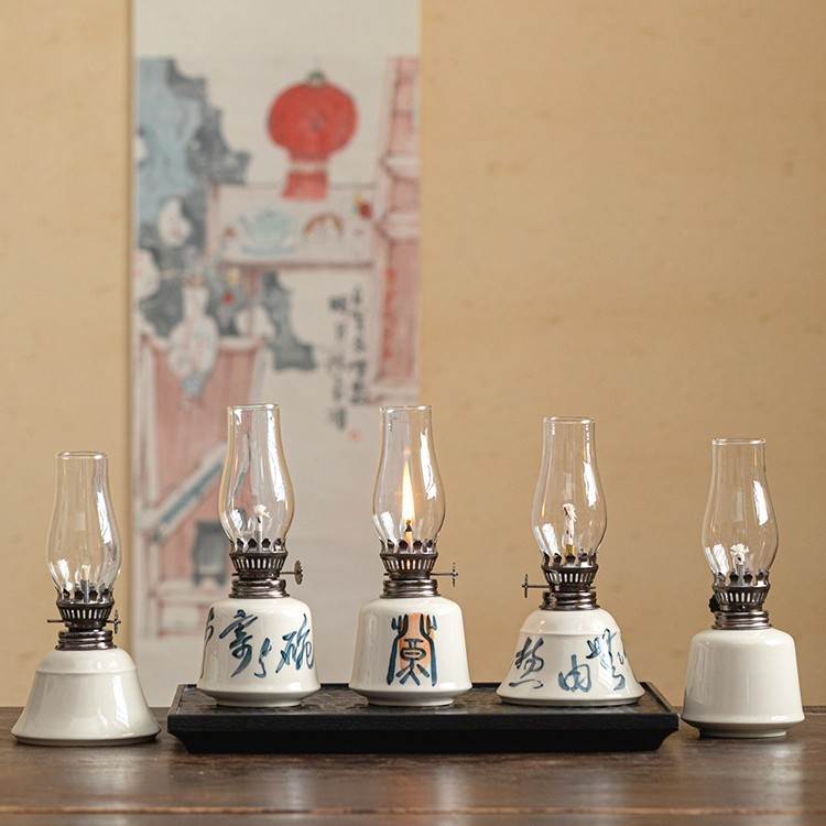 禅意覆古手绘煤油灯摆件创意酥油灯陶瓷灯盏客厅书房卧室小夜灯具