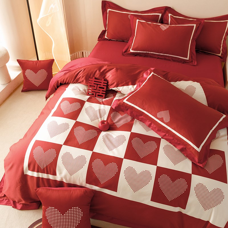 简约新婚庆红色结婚四件套纯棉100S全棉被套陪嫁礼物床单床上用品