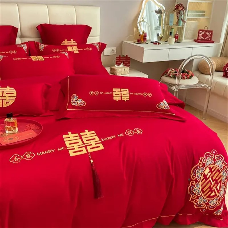 全棉婚庆四件套婚礼床上用品大红结婚被套床单纯棉婚房套件龙凤4