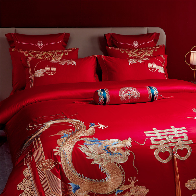 结婚四件套全棉婚庆床上用品大红色新婚六件套龙凤刺绣婚嫁喜被套