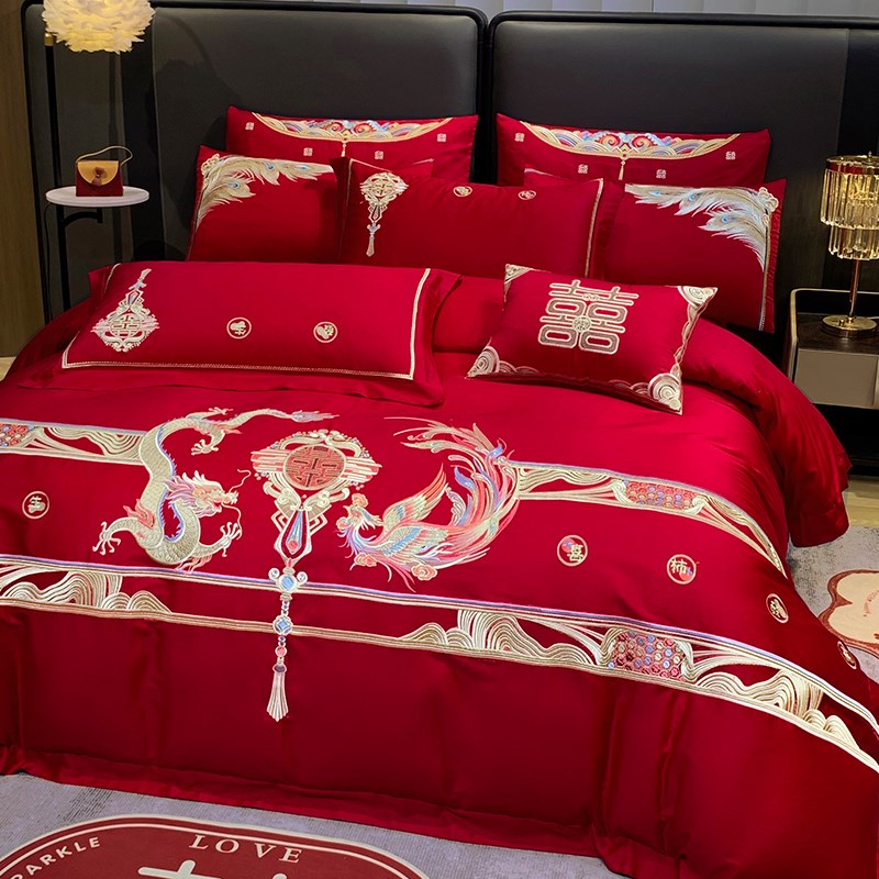 婚庆四件套大红刺绣龙凤结婚礼新婚房喜被绣花六八十件套床上用品
